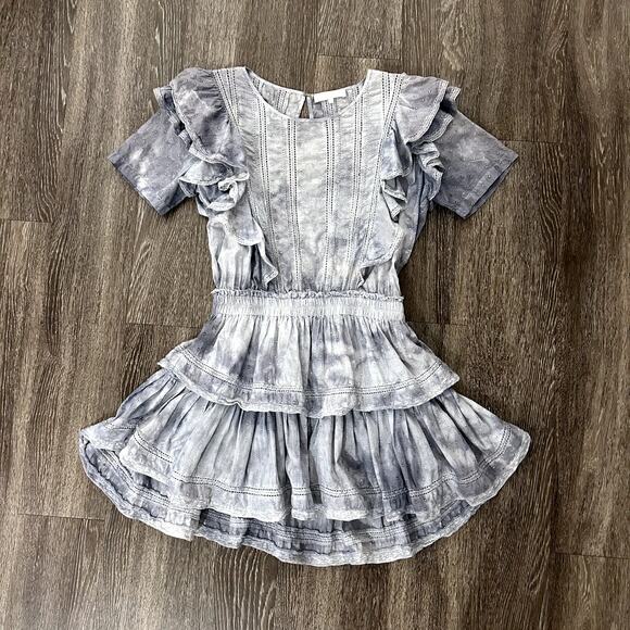 LoveShackFancy Natasha Heritage Mini Dress L Washed Denim Blue Ruffle Lace EUC - Picture 2 of 15